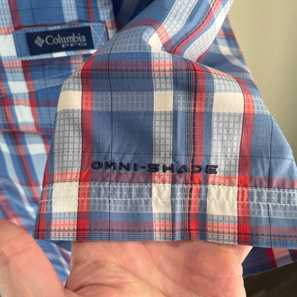 Columbia PFG Men's blue & red PFG loop collar camp fishing shirt Mint Cond L - Picture 4 of 8